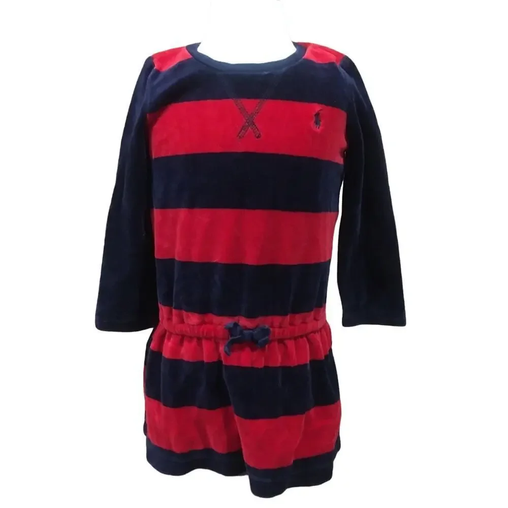 Ralph Lauren Dress sz 18 m Red and Blue Stripe Long Sleeve Tunic Dress Velour